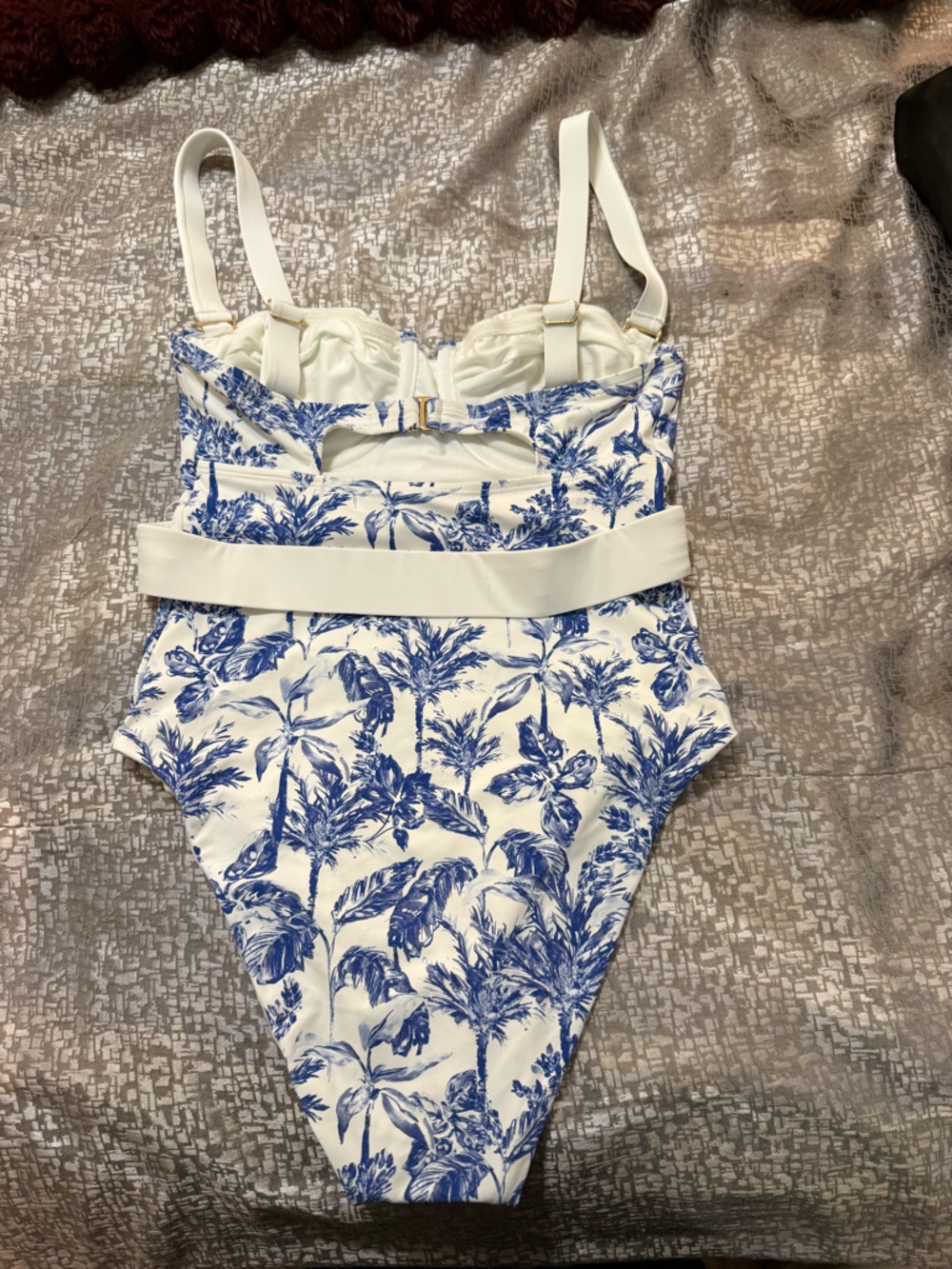 Gianni Bini White and Blue Floral Belted One-Piece - Picture 2 of 4